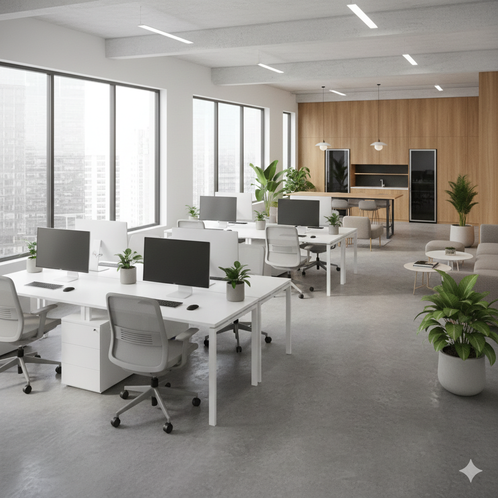 Modern open-plan office with white desks, computer monitors, office chairs, and potted plants, large windows, and a kitchen area in the background.
