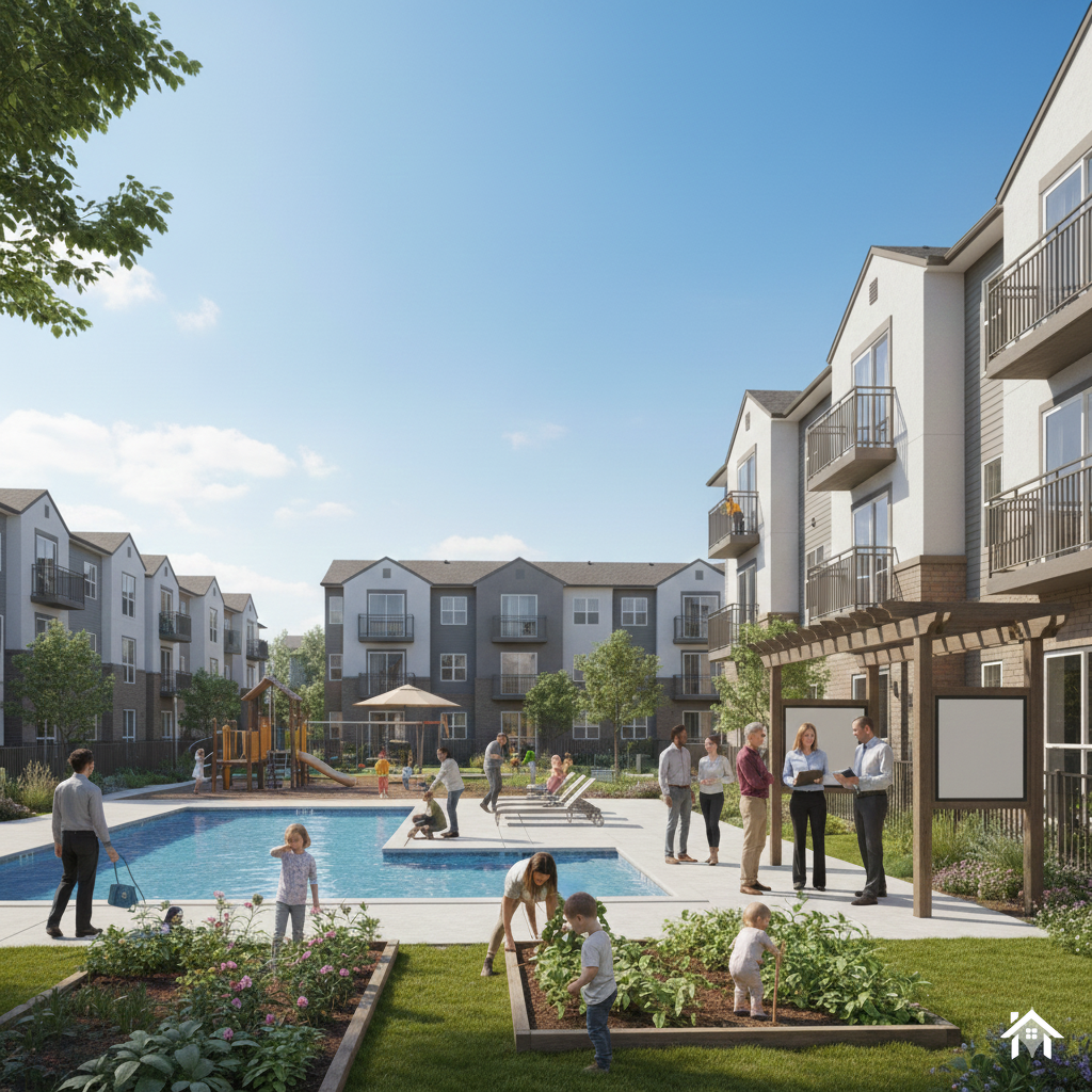 A lively residential complex with multiple apartment buildings surrounds a communal outdoor area featuring a swimming pool, children playing, a playground, and residents relaxing and socializing under a pergola on a sunny day.