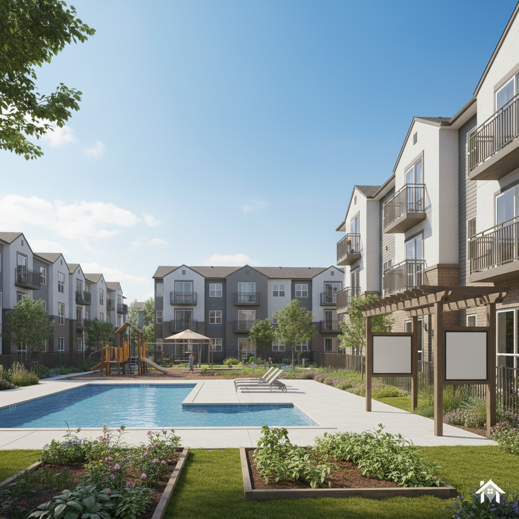 Apartment complex courtyard with a swimming pool, lounge chairs, a children's playground, and landscaped gardens under a clear blue sky.