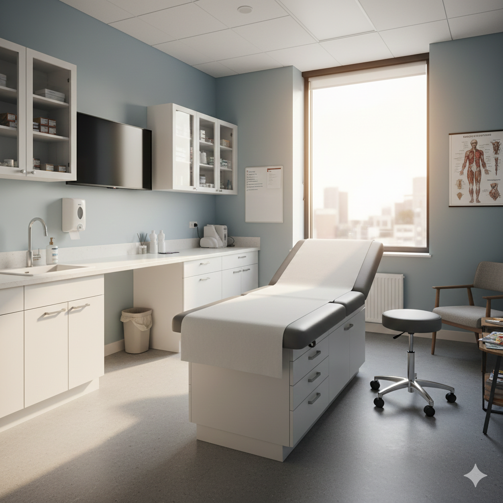 A modern medical examination room with a treatment table, medical cabinets, and medical posters on the wall.
