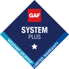 GAF System Plus roofing warranty label with weather stopper and limited warranty text