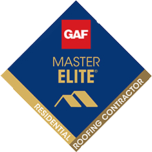 GAF Master Elite Residential Roofing Contractor logo with a blue background and gold accents.