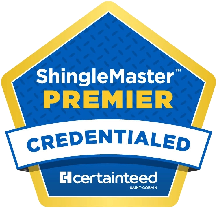 ShingleMaster Premier Credentialed badge with blue and yellow design, featuring Saint-Gobain certification logo.