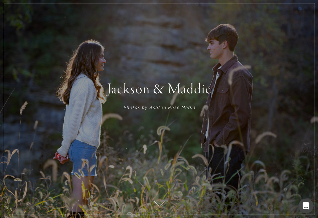 A young couple, Jackson and Maddie, standing outdoors in a grassy area surrounded by trees, facing each other during sunset.