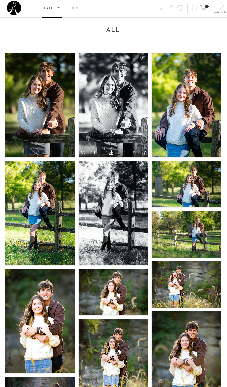 Portraits of a young man and woman in various outdoor settings, posing together and in individual shots, in a natural, green landscape with trees and a wooden fence.
