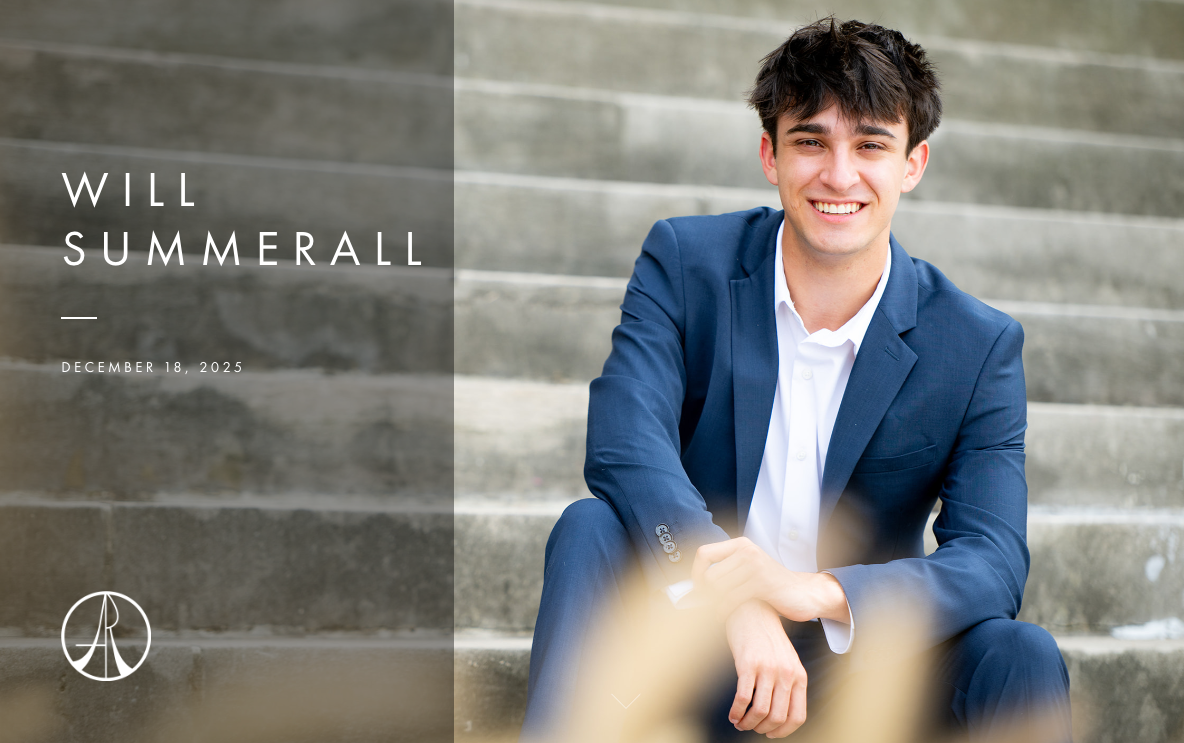 Young man with dark hair in a blue suit and white shirt sitting on outdoor concrete stairs, smiling, with text overlay including his name, Will Summerall, and date December 18, 2025.