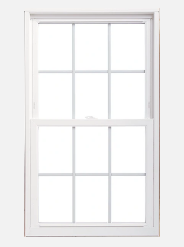 White double-hung window with divided panes, showing a bright, possibly overcast sky outside.