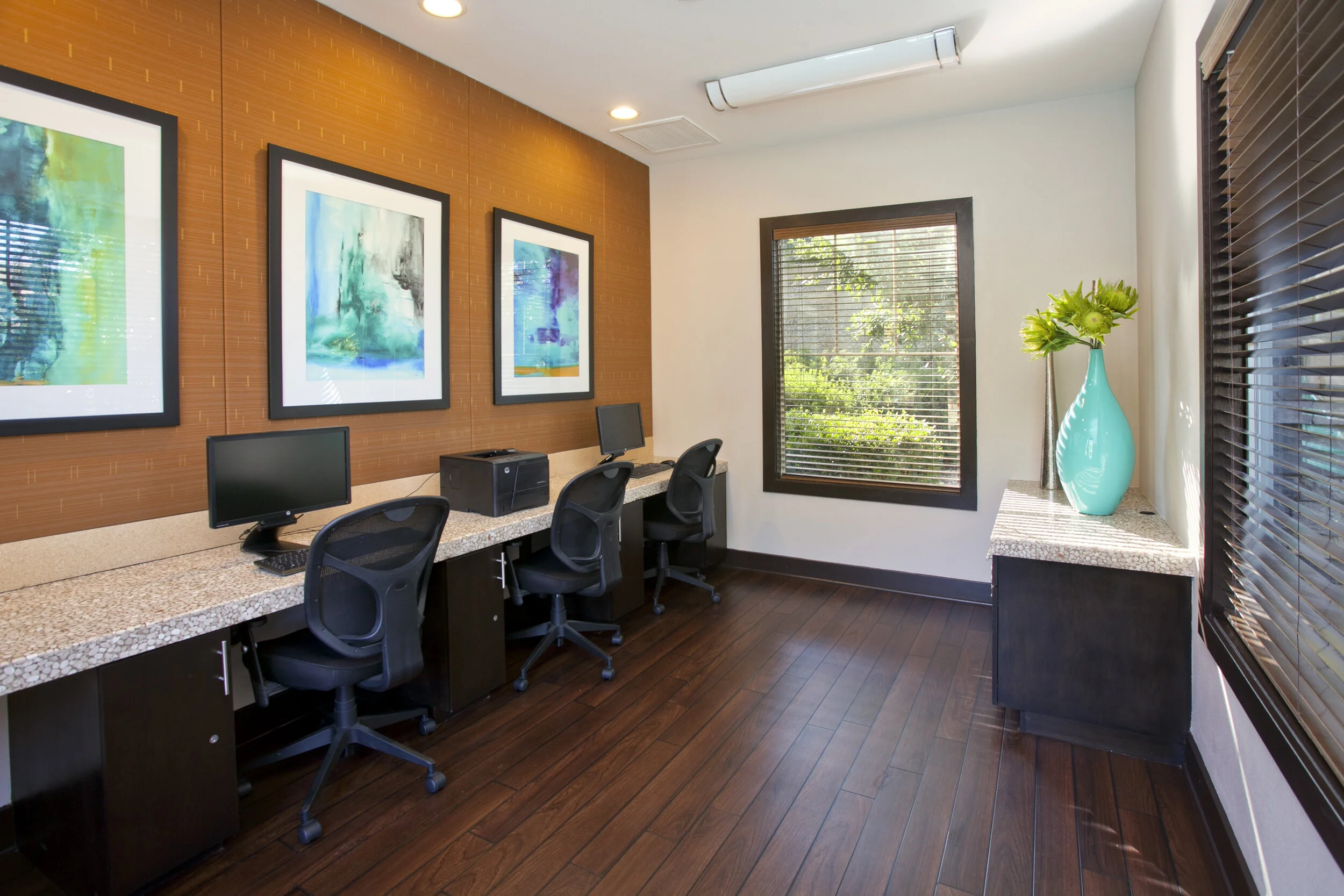 Resident business center at the Overlook at Rancho Belago with computers and a printer. Quiet place to work. 