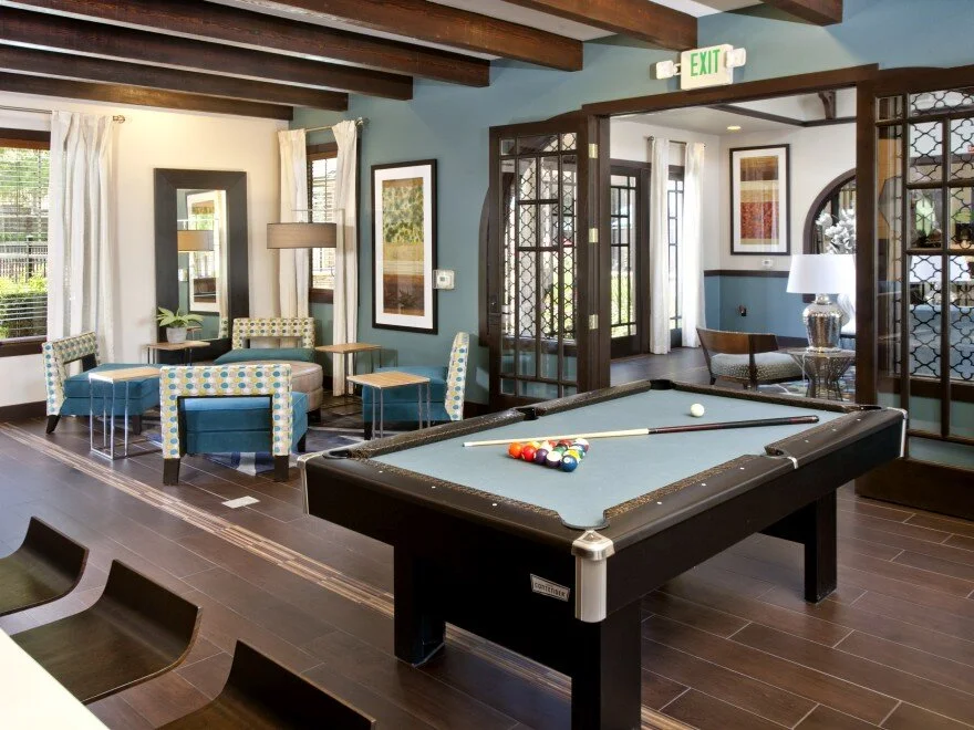 Clubhouse at the Overlook at Rancho Belago with pool table and sitting area.