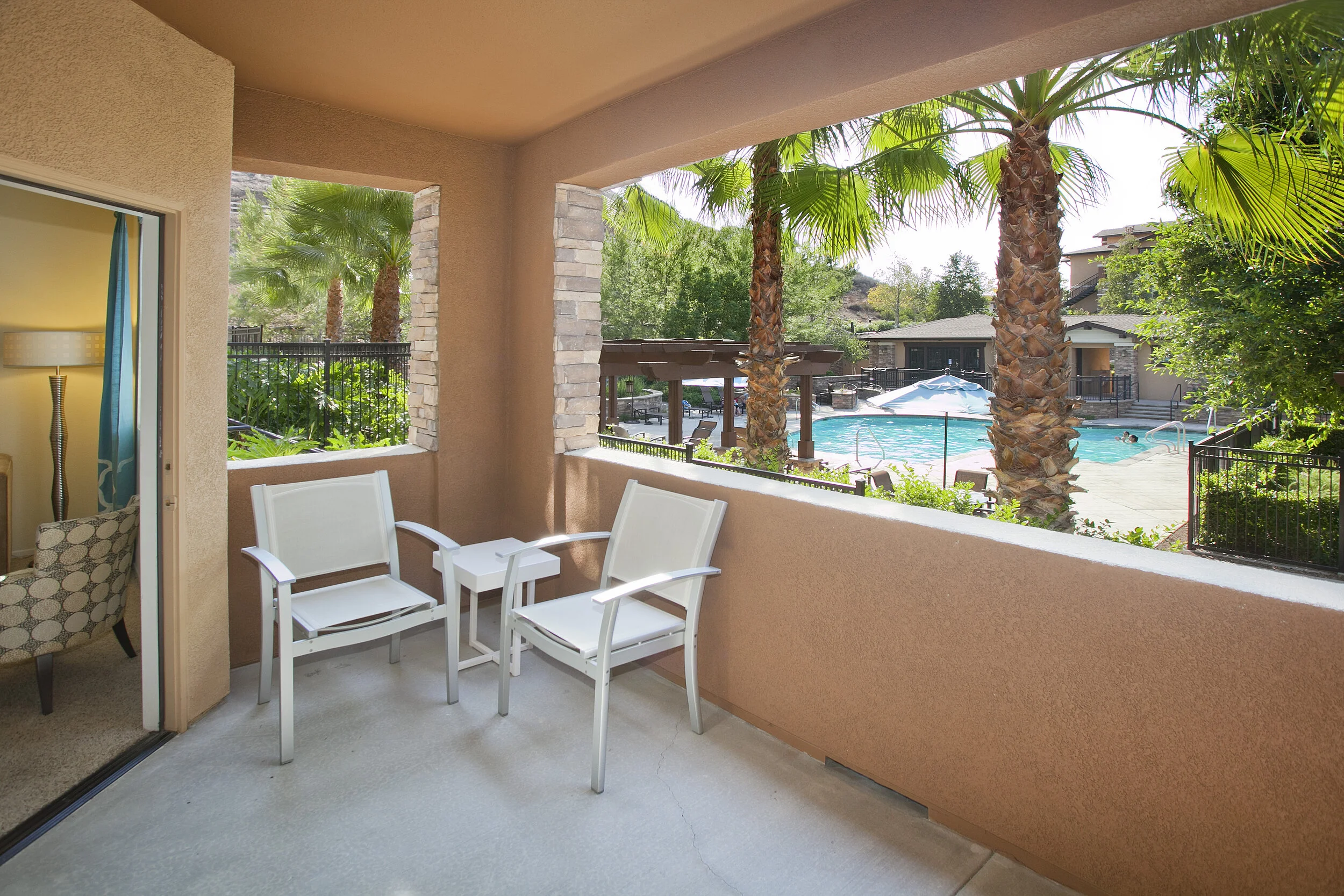 Enclosed Patio at The Overlook at Rancho Belago with view of the pool
