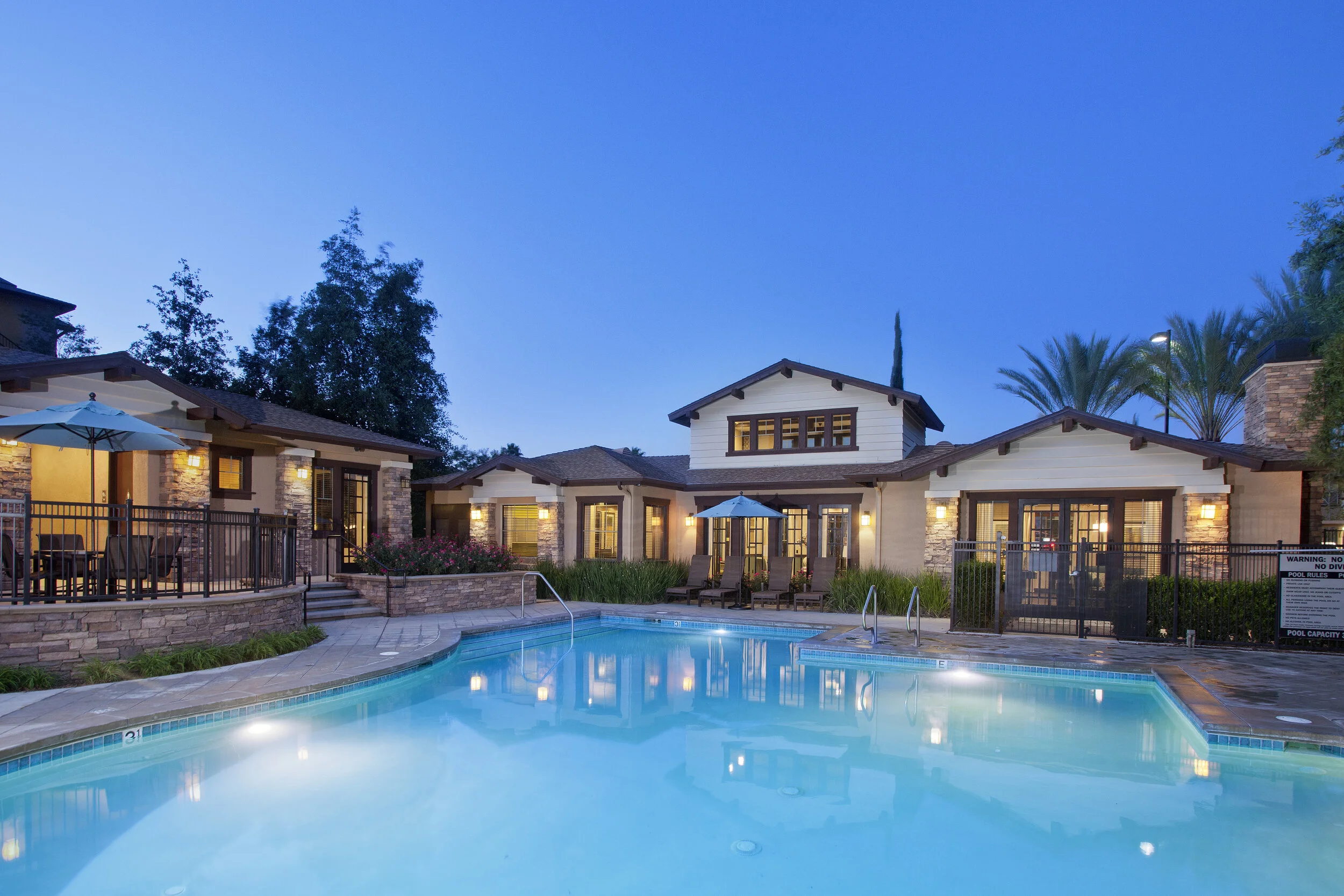 Beautiful Pool yard at The Overlook at Rancho Belago at dusk 