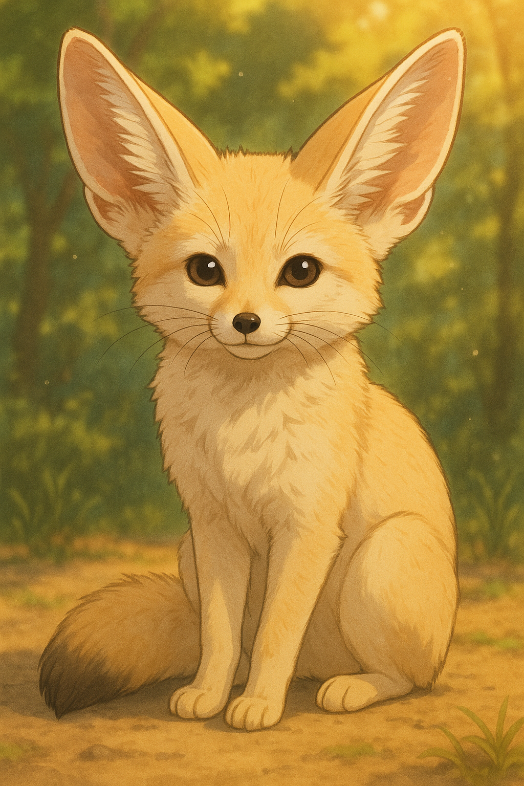 Atomic Critters Stories | Cheeseball, illustrated as a young fennec fox with large ears sitting outdoors with a blurred green forest background.