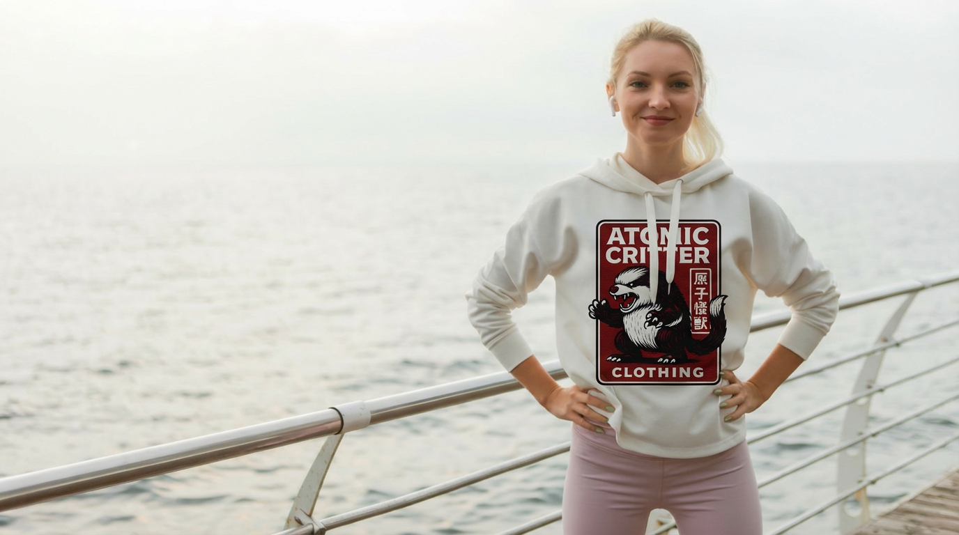 Woman wearing a white Atomic Critter hoodie featuring a bold red Cooposaurus-style creature graphic while standing by the ocean.