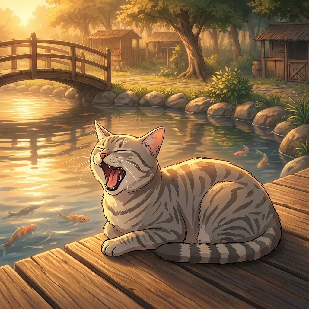Atomic Critters Stories | Slug Cat, a gray tabby cat sitting on a wooden dock by a pond, yawning with its mouth open wide, in a peaceful outdoor scene with trees, rocks, and small wooden cabins in the background during sunset.