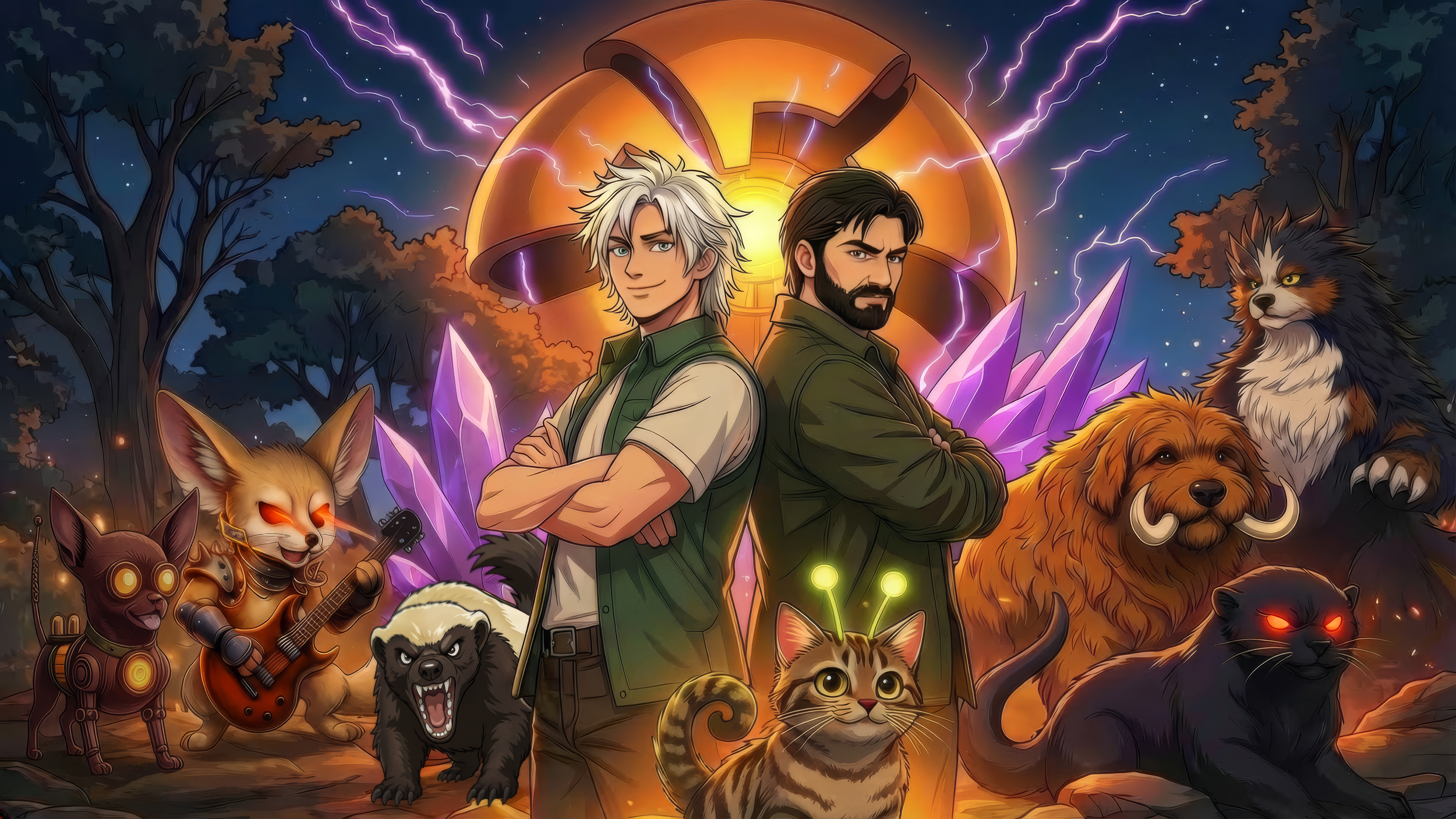 Atomic Critters Banner | Renji and Kagen with crossed arms, surrounded by Atomic Critters including: Cheeseball, Belli Badger, Cooposaurus Rex, Fin-O-Tron, Slug Cat,  Might Otto, and Murder Otter with the Atomic Heart in the Background.
