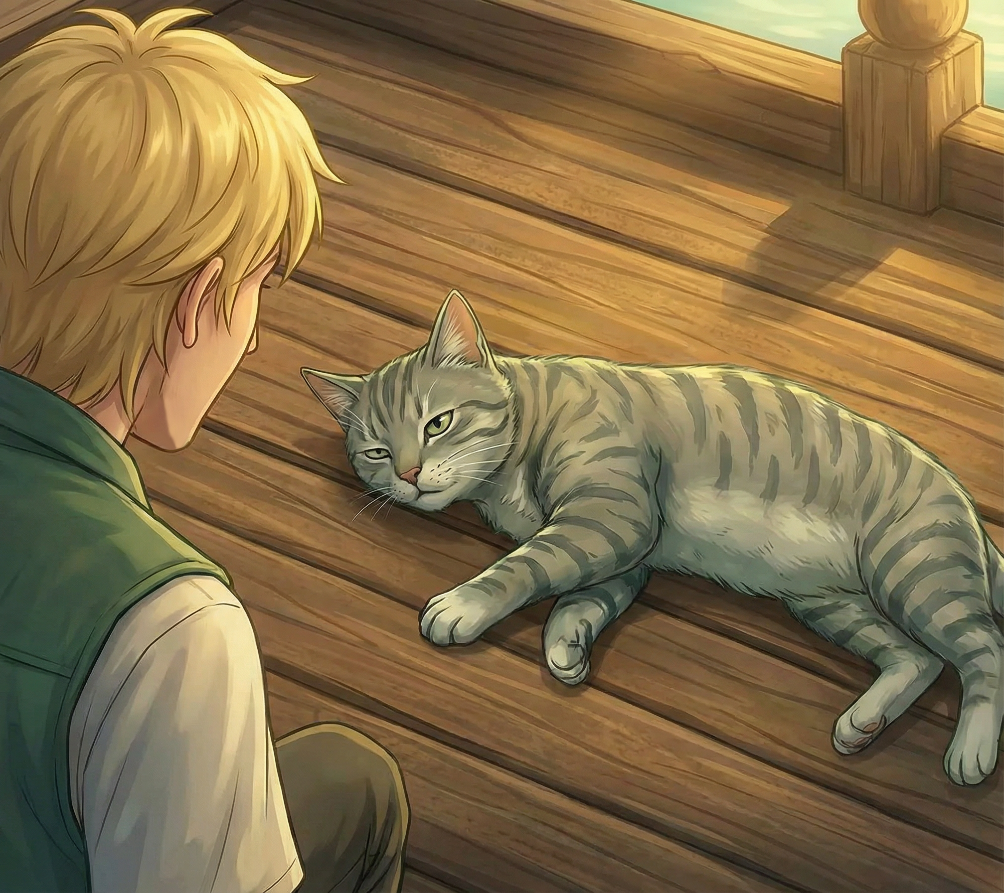 Atomic Critter Graphic Novel | Sunrise Sanctuary The Koi Pond | Slug Cat opens her eyes and looks annoyed with Renji for bothering her