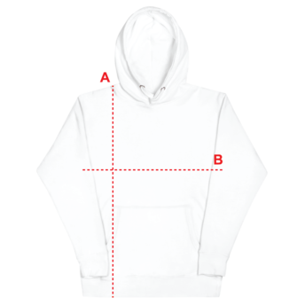 White hooded sweatshirt with labeled measurements for length and width.