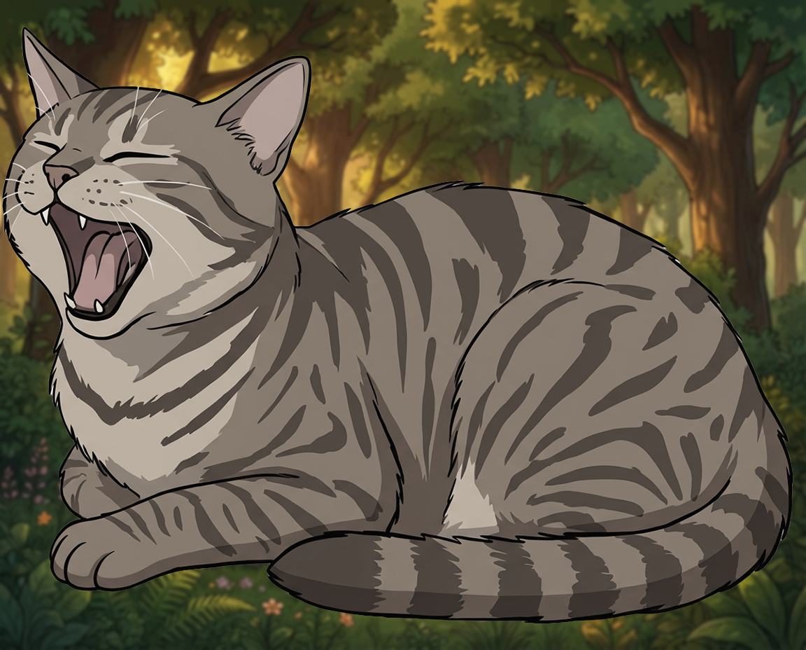 Atomic Critters Stories | Slug Cat, a gray tabby cat sitting on a wooden dock by a pond, yawning with its mouth open wide, in a peaceful outdoor scene with trees, rocks, and small wooden cabins in the background during sunset.