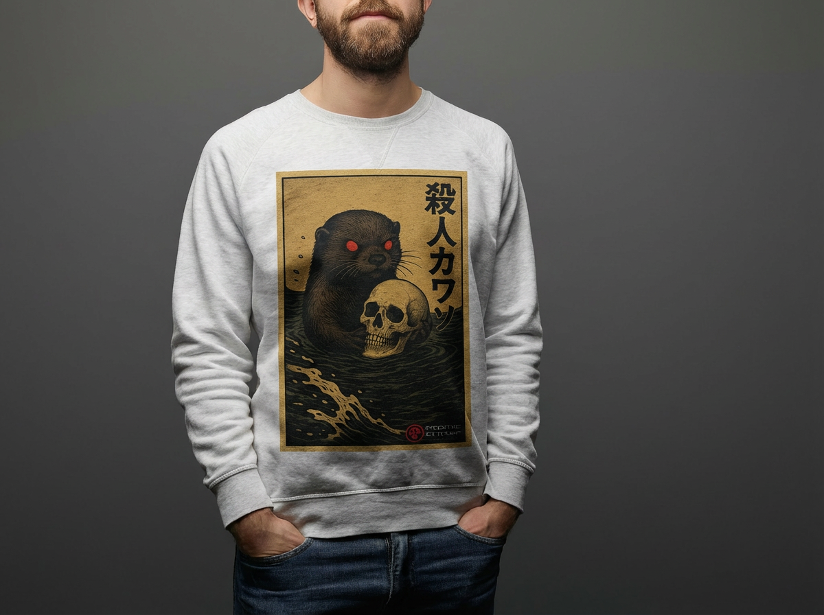 Man wearing a gray sweatshirt with a Japanese-style Murder Otter design featuring a red-eyed otter holding a skull.