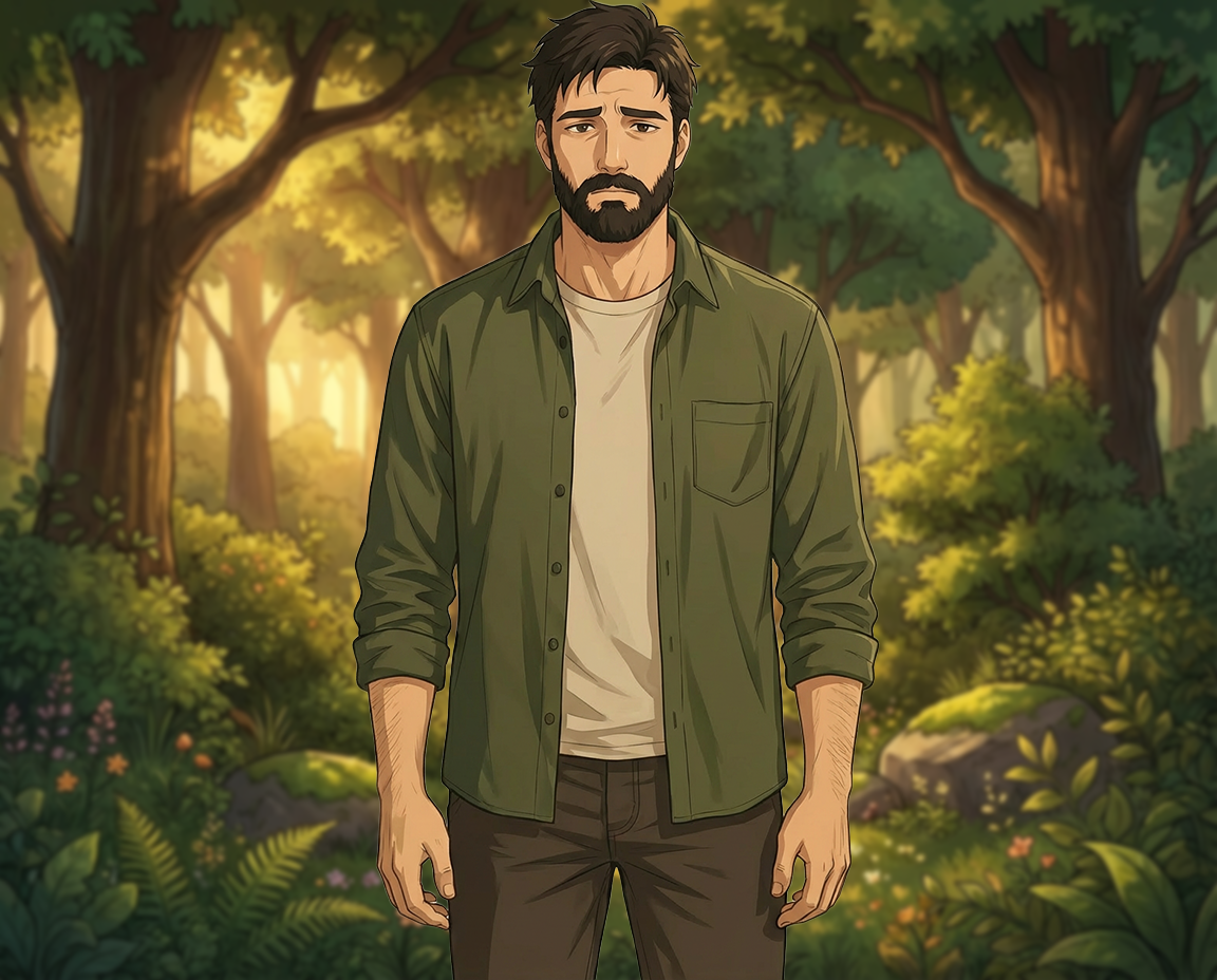 Atomic Critters Stories | Kogan, a man with dark hair and a beard sitting on a park bench, looking sad or contemplative, surrounded by green trees and soft sunlight.