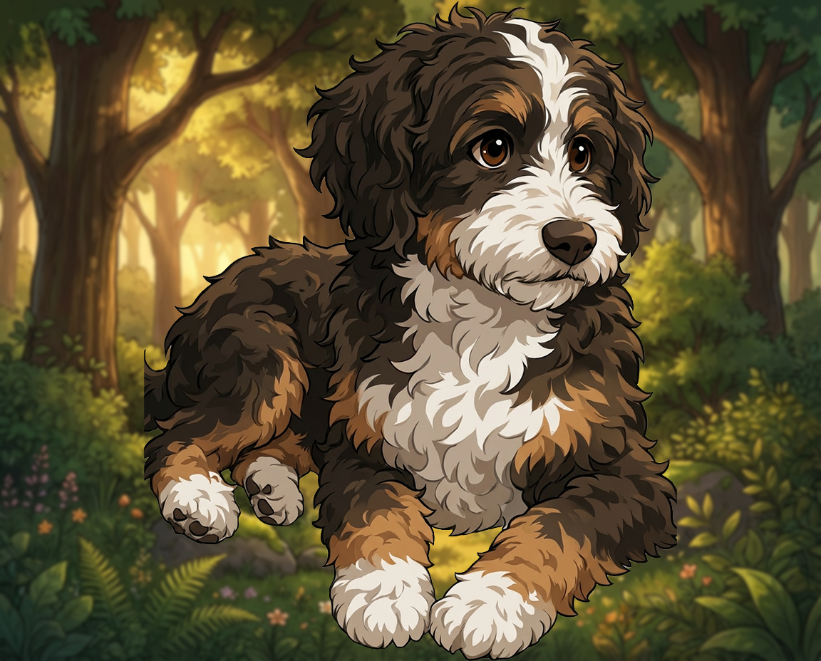 Atomic Critters Stories | Coop, digital painting of a cute, fluffy, black, brown, and white puppy lying on the ground outdoors, with lush green trees in the background.