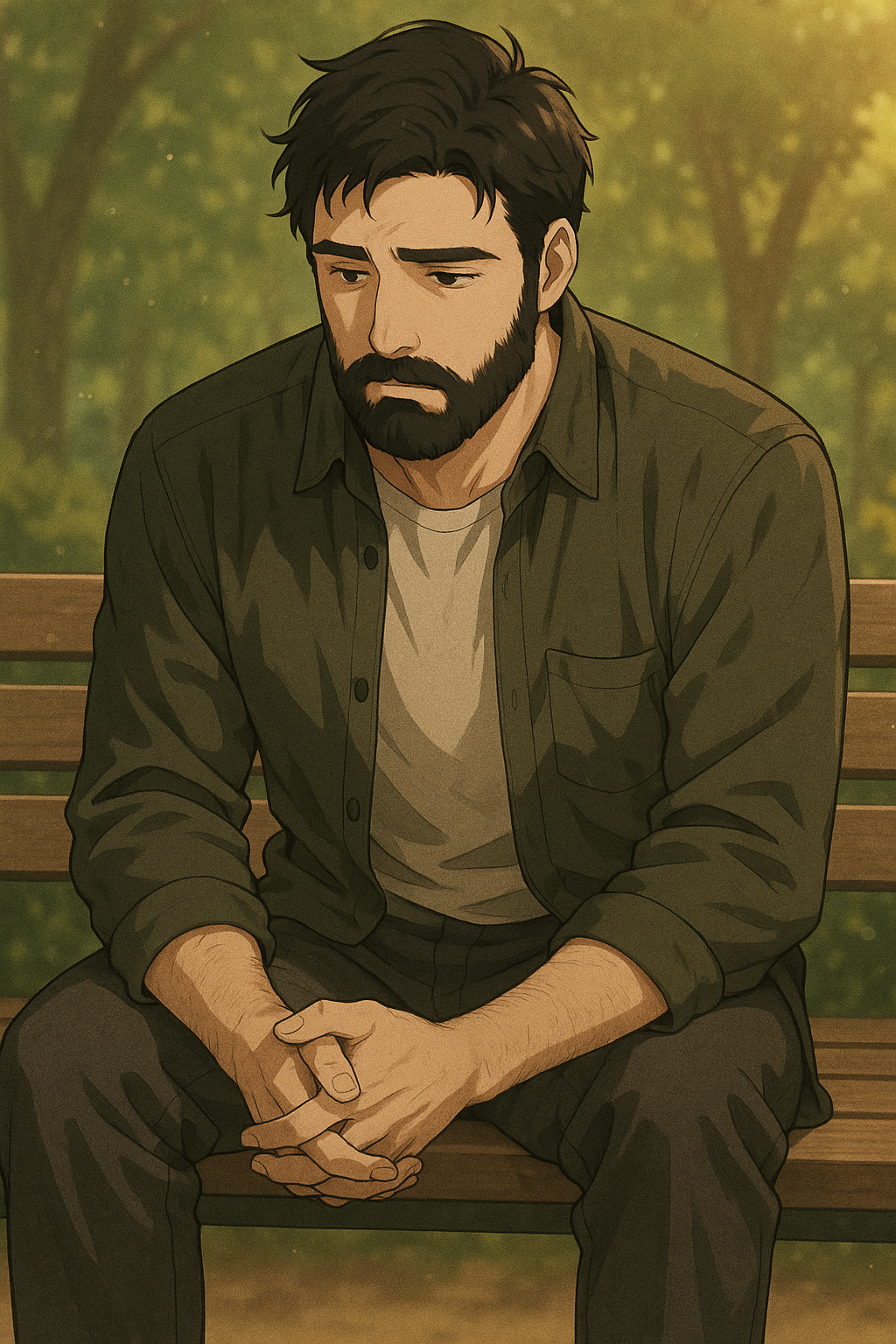 Atomic Critters Stories | Kogan, a man with dark hair and a beard sitting on a park bench, looking sad or contemplative, surrounded by green trees and soft sunlight.