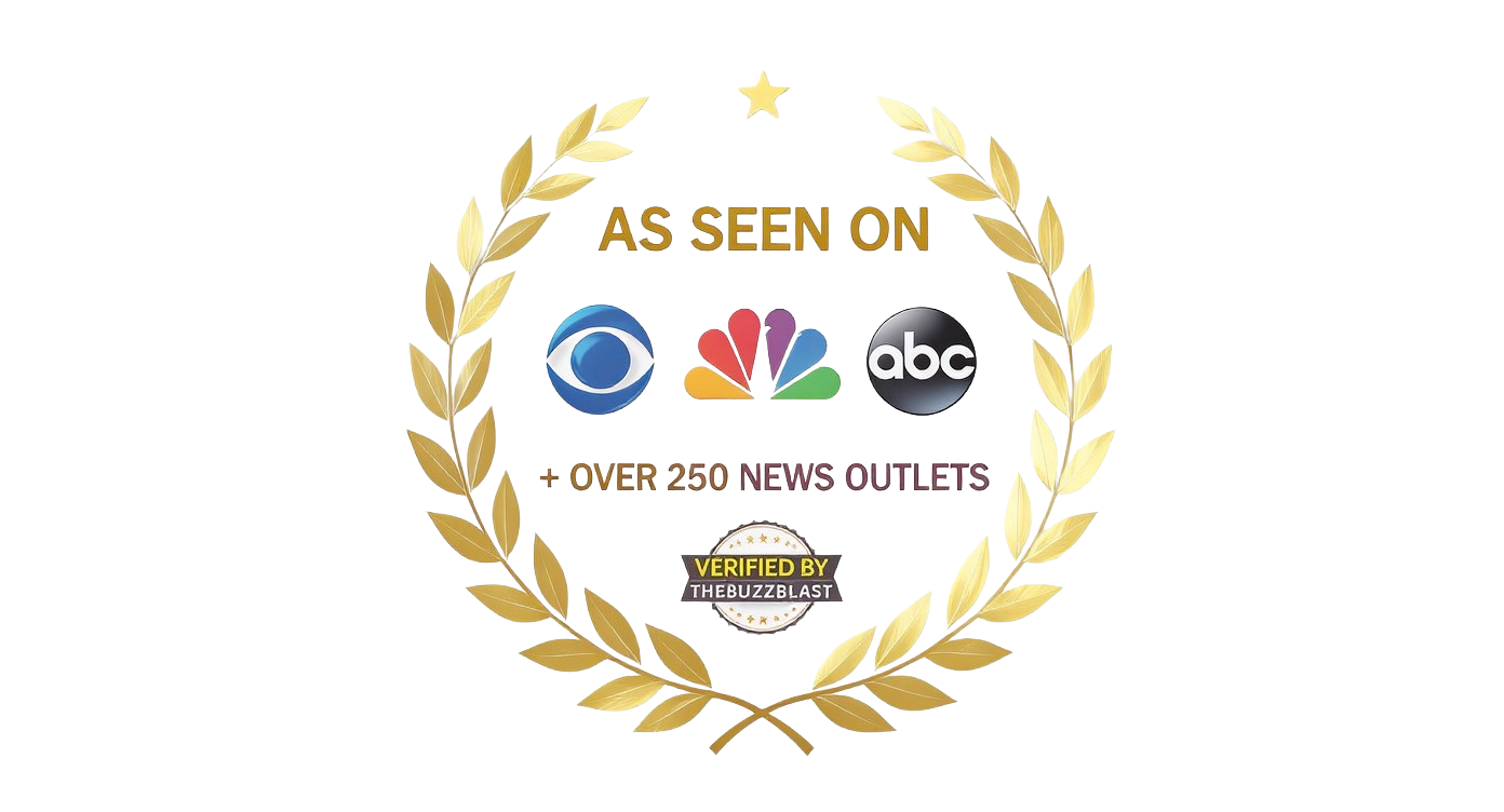 A badge award with gold laurel wreath border, text stating "As seen on CBS, NBC, ABC," plus "Over 250 news outlets," and a verification badge from The Buzz Blast.
