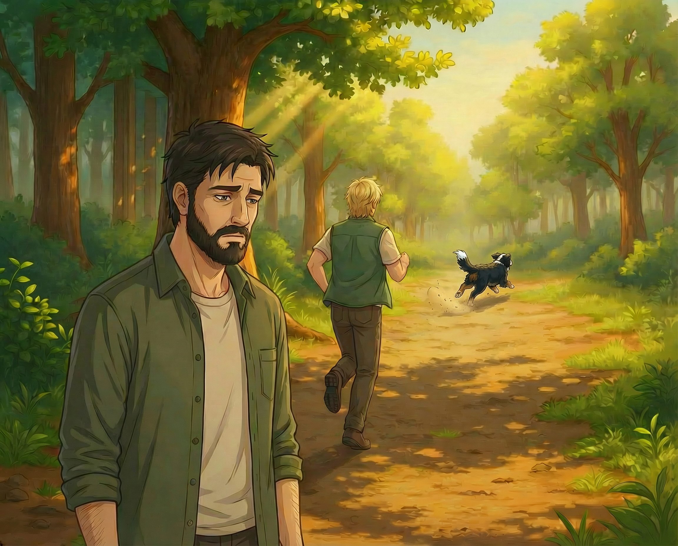 Atomic Critter Graphic Novel | Sunrise Sanctuary Trails | Renji running after Coop while Kagen is looking sad