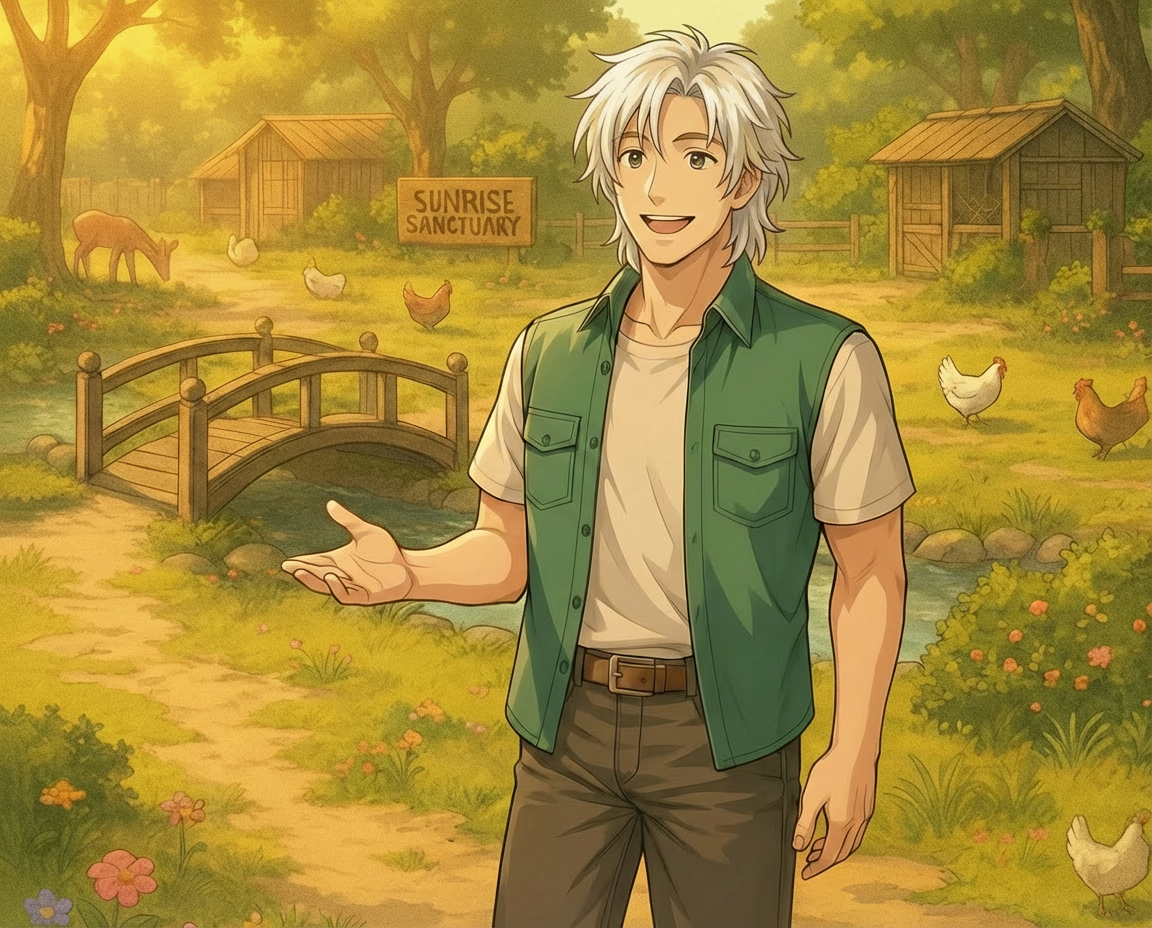A young man with white hair standing near a small stream in a farm or sanctuary. Behind him are chickens, ducks, and two small wooden sheds. A sign reads 'Sunrise Sanctuary,' and a small wooden bridge crosses the stream. The scene is surrounded by trees and colorful flowers in a serene, natural setting.