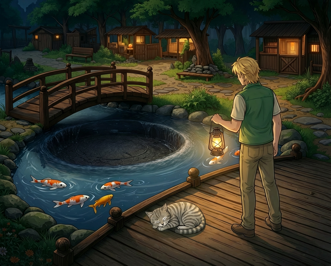 Atomic Critter Graphic Novel | Sunrise Sanctuary The Tremor | The water parts in the Koi Pond exposing a hatch in the water. Slug Cat sleeps while Renji looks at the water holding a lantern