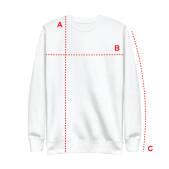 White sweatshirt with red measurement lines labeled A and B.