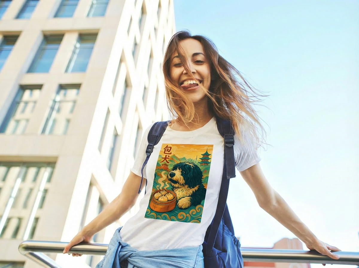 Woman wearing a white T-shirt with a retro Bao Dog graphic featuring a fluffy dog with dumplings and an East Asian landscape.