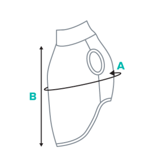A diagram of a pet sweater with labeled measurements for size.