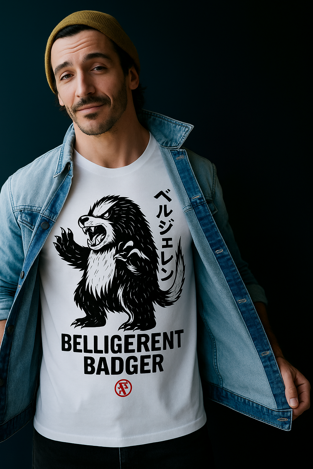 Man wearing a Belligerent Badger graphic tee featuring bold black-and-white atomic critter artwork.