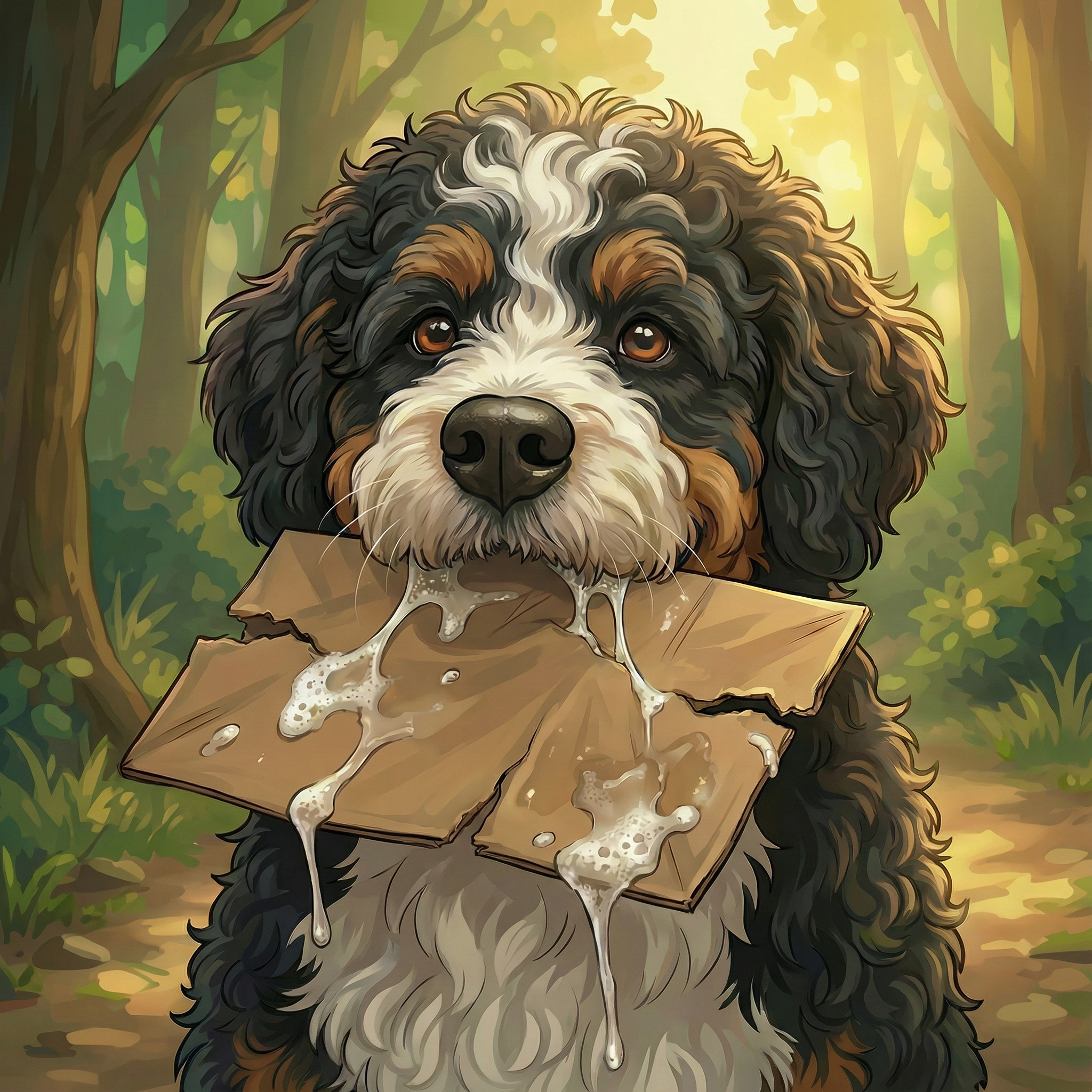 Atomic Critter Graphic Novel | Sunrise Sanctuary trails with Coop. Coop has a piece of cardboard that he is chew and slobbering on