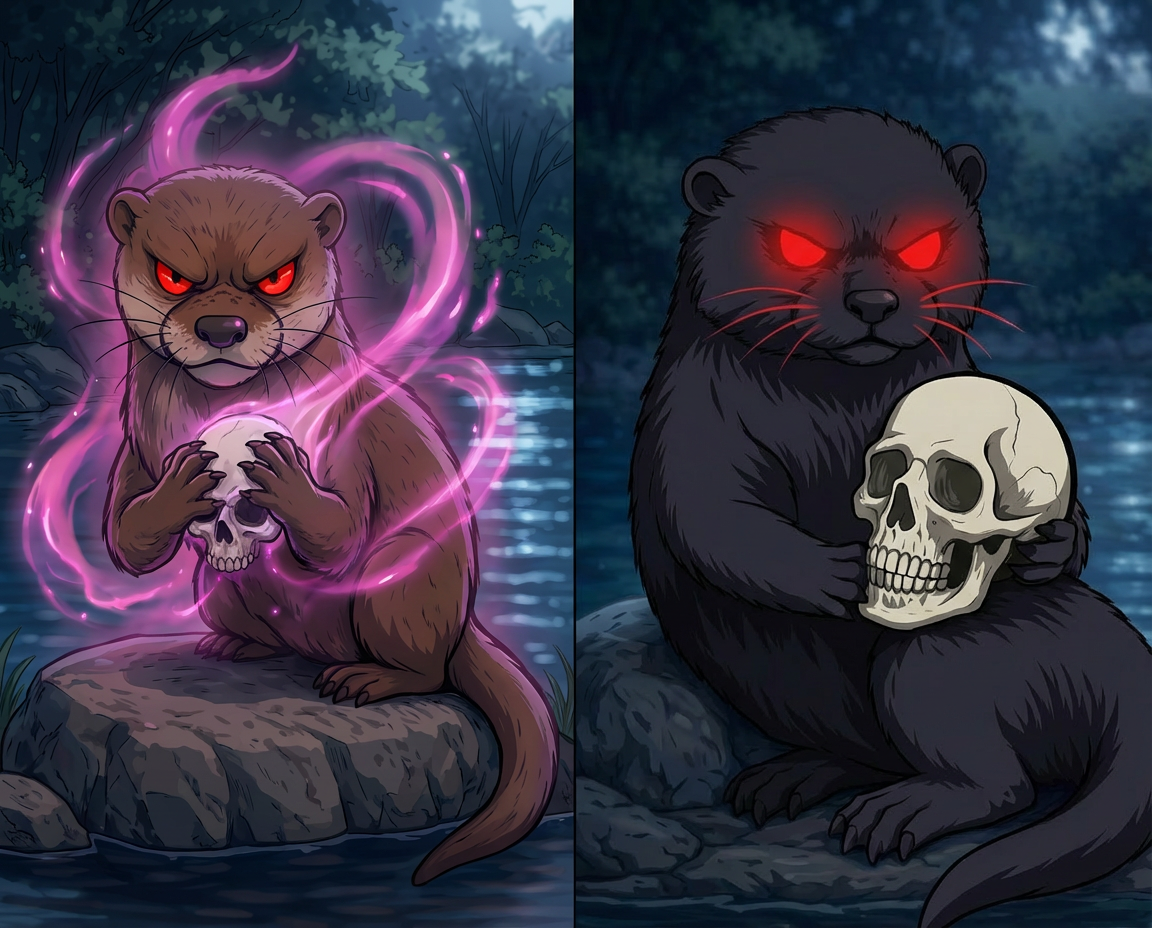Atomic Critter Graphic Novel | Sunrise Sanctuary The Mutations | Murder Otter transforms into a dark sleek otter with glowing red eyes while, somehow, holding a skull
