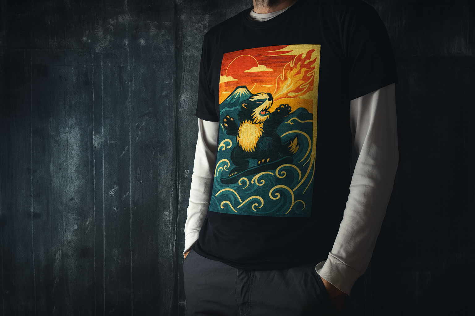 Man wearing a black T-shirt with a retro Cooposaurus fire-breathing creature design in a stylized ocean scene at sunset.