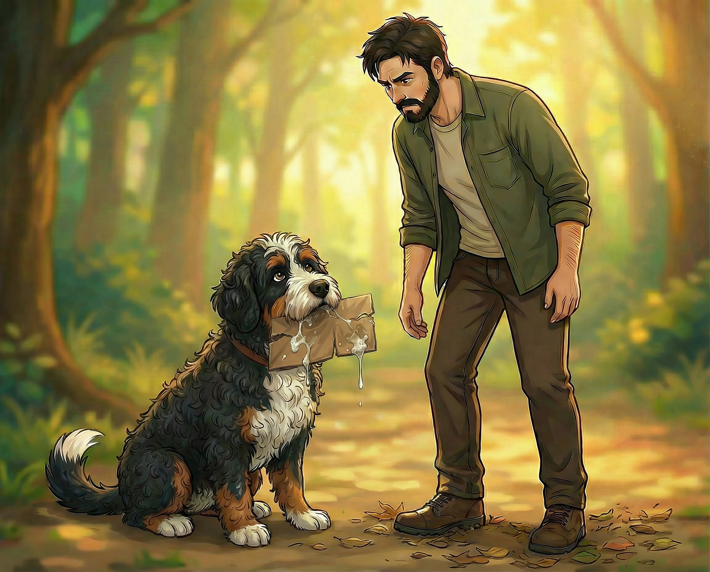 Atomic Critter Graphic Novel | Sunrise Sanctuary Trails. Coop sitting for Kagen with a cardboard strip in his mouth. Kagen is annoyed with Coop