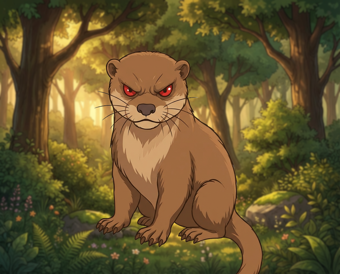 Atomic Critters Stories | An illustration of a menacing otter with red eyes sitting on a rock near a river, with a dense forest background.