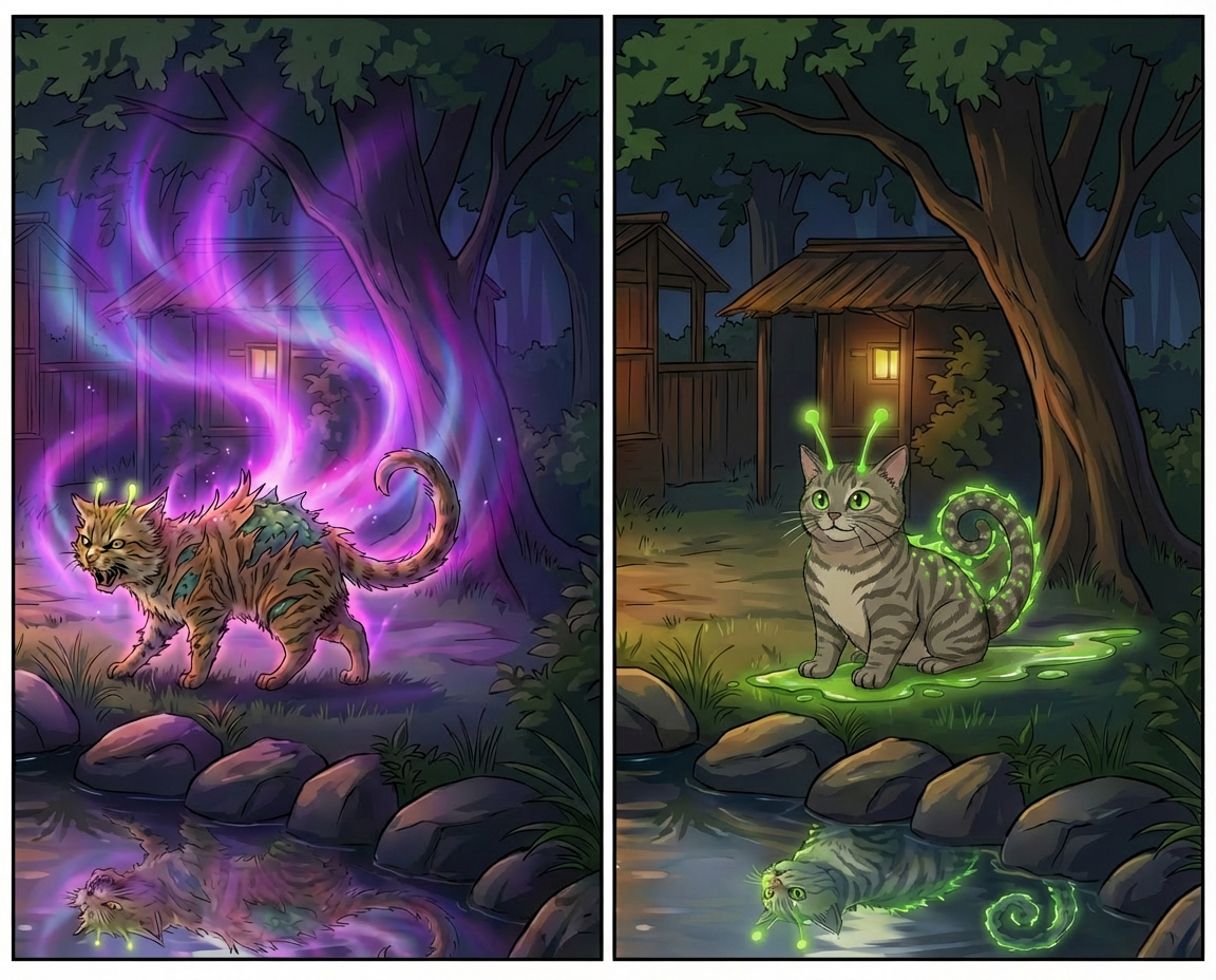 Atomic Critter Graphic Novel | Sunrise Sanctuary The Mutations | Slug Cat transform from a Cat into a glowing hybrid Slug and Cat creature