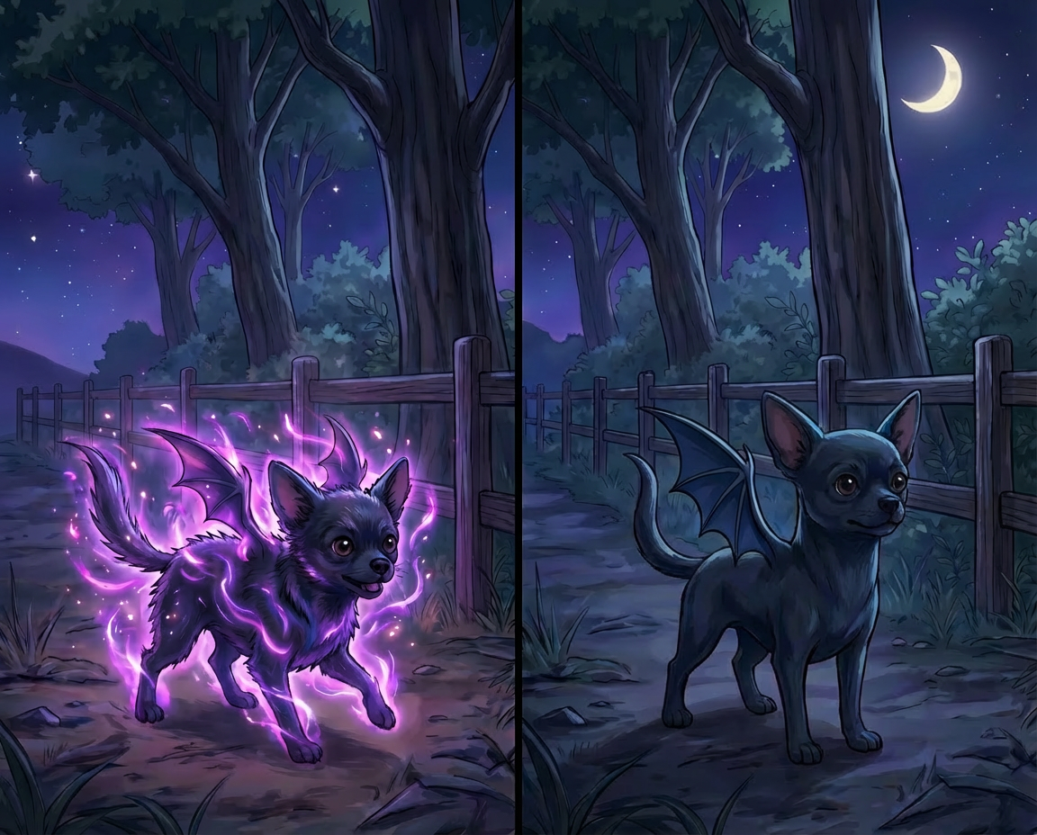 Atomic Critter Graphic Novel | Sunrise Sanctuary The Mutations | Fin transforms from a little cute black dog into Fin Night Gremlin with bat like wings