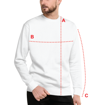 A person wearing a white sweatshirt with red measurement lines labeled A, B, and C.