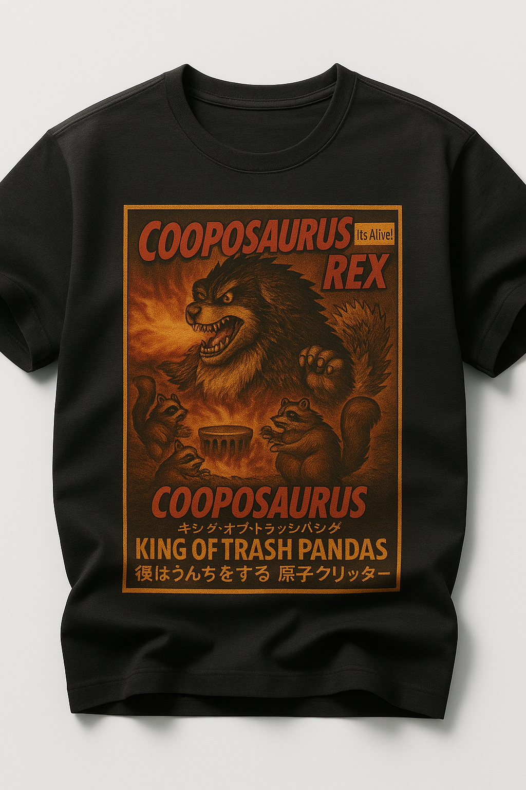 Black T-shirt featuring the Cooposaurus Rex design with vintage monster art and ‘King of Trash Pandas’ retro poster styling.