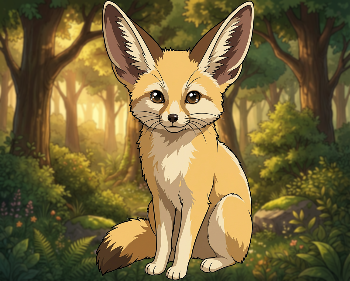 Atomic Critters Stories | Cheeseball, illustrated as a young fennec fox with large ears sitting outdoors with a blurred green forest background.