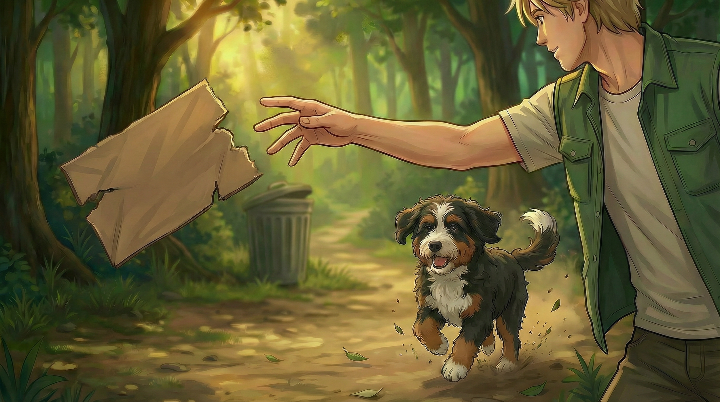 Atomic Critter Graphic Novel | Sunrise Sanctuary on the trails - Coop and Renji playing with a torn cardboard box