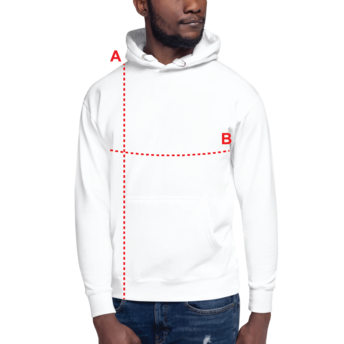 A man wearing a white hoodie, with red dotted lines indicating measurements.