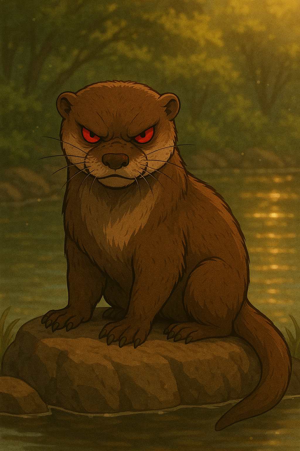 Atomic Critters Stories | An illustration of a menacing otter with red eyes sitting on a rock near a river, with a dense forest background.