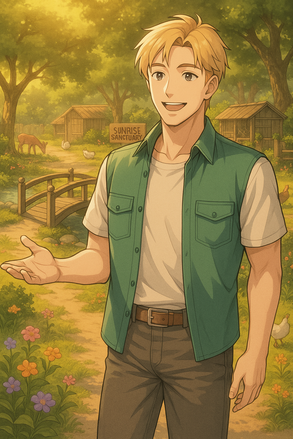 Atomic Critters Stories | Renji is smiling and gesturing with his right hand. The background shows a small bridge, a sign that reads "Sunrise Sanctuary," trees, chickens, a horse, and farm sheds in a lush, green setting with colorful flowers.