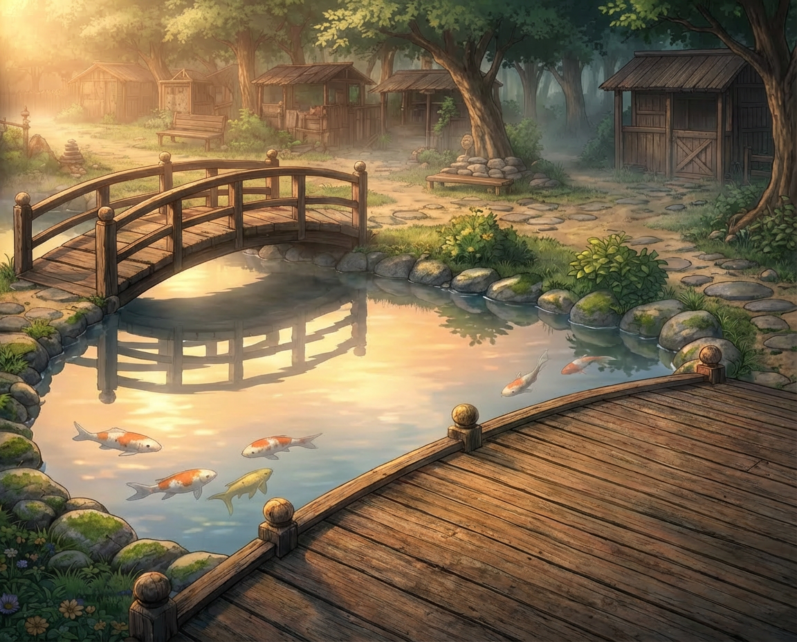Atomic Critters Stories | Sunrise Sanctuary - A peaceful pond with koi fish, surrounded by a stone border and a wooden bridge, in a serene rural setting with small wooden houses and trees in the background.