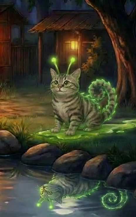 Slug Cat, a mutated cat character in the Atomic Critter universe, glowing with residual atomic energy.